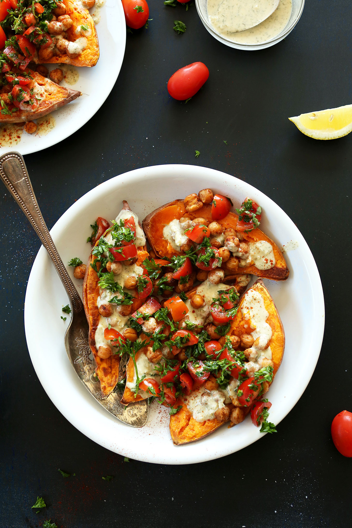 Big bowl of Mediterranean Baked Sweet Potatoes