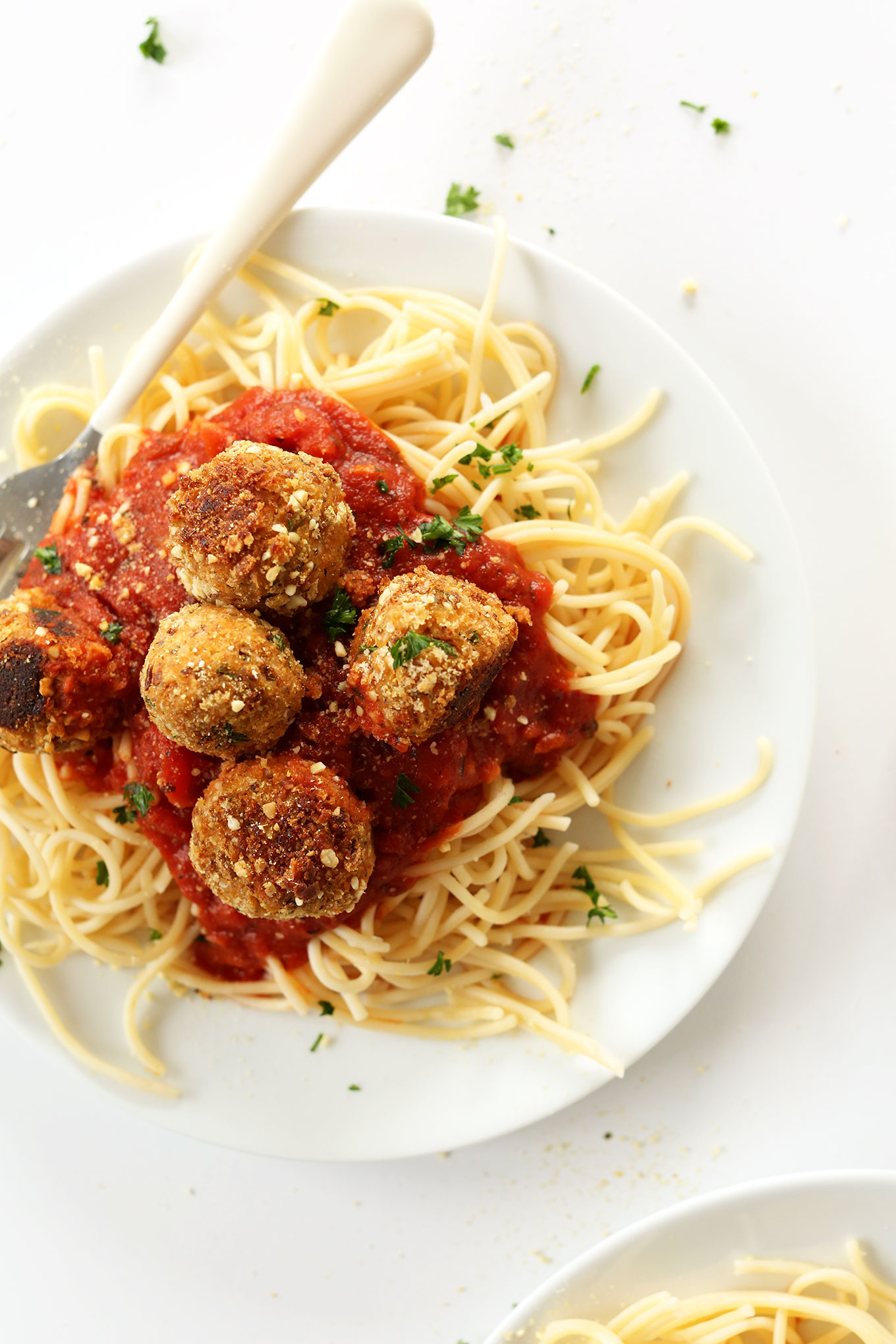 Plate of noodles with marinara and easy 10-ingredient vegan meatballs