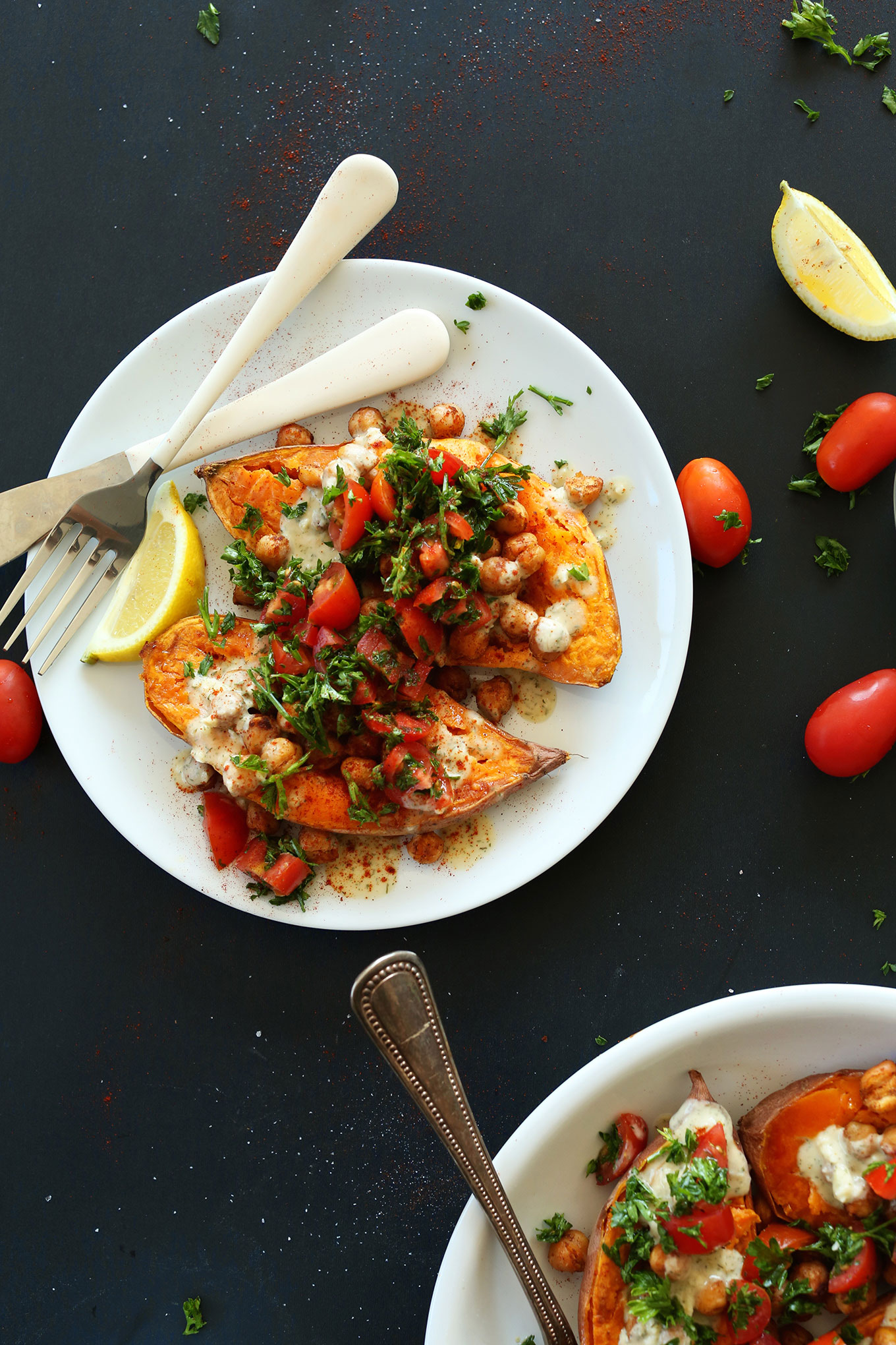 Plate of Mediterranean Baked Sweet Potatoes for a healthy vegan meal