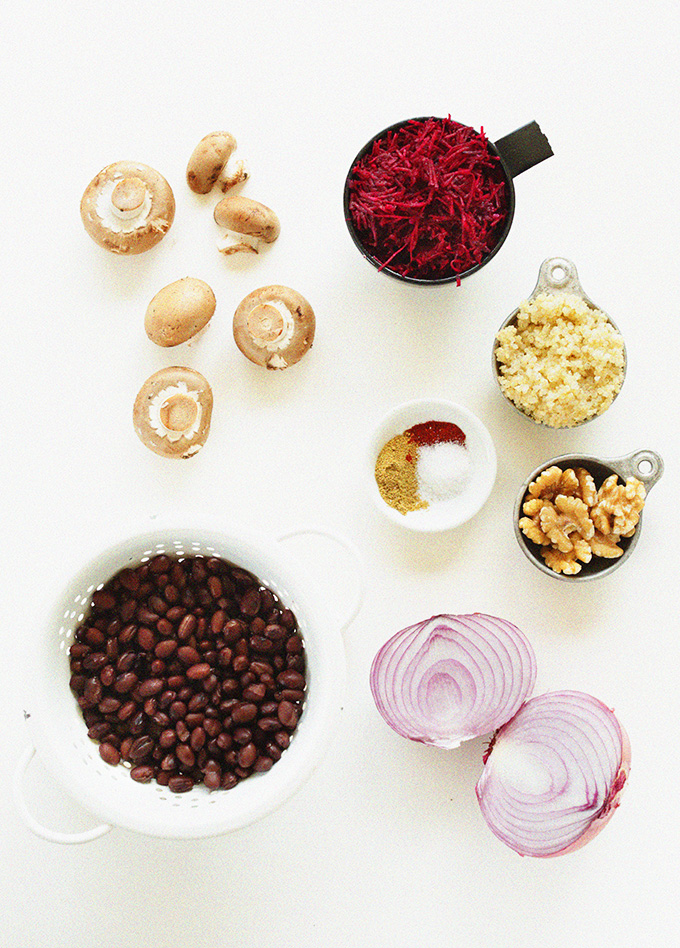 Mushrooms, walnuts, onion, and other ingredients for making vegan Quinoa Black Bean Beet Burgers