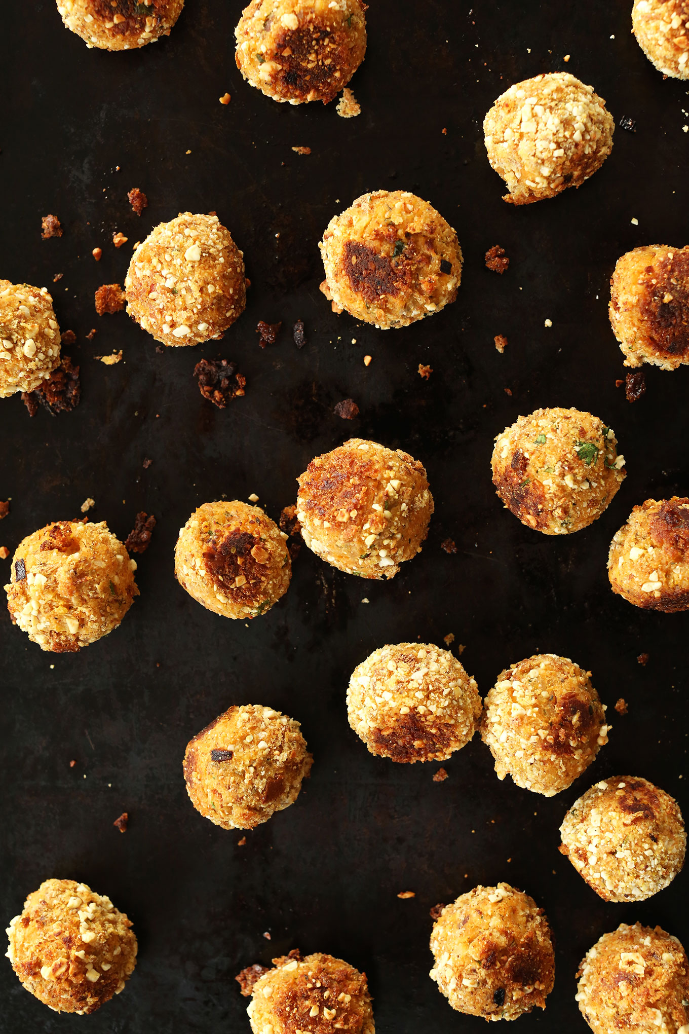 Baking sheet featuring a batch of our perfect meatless vegan meatballs recipe