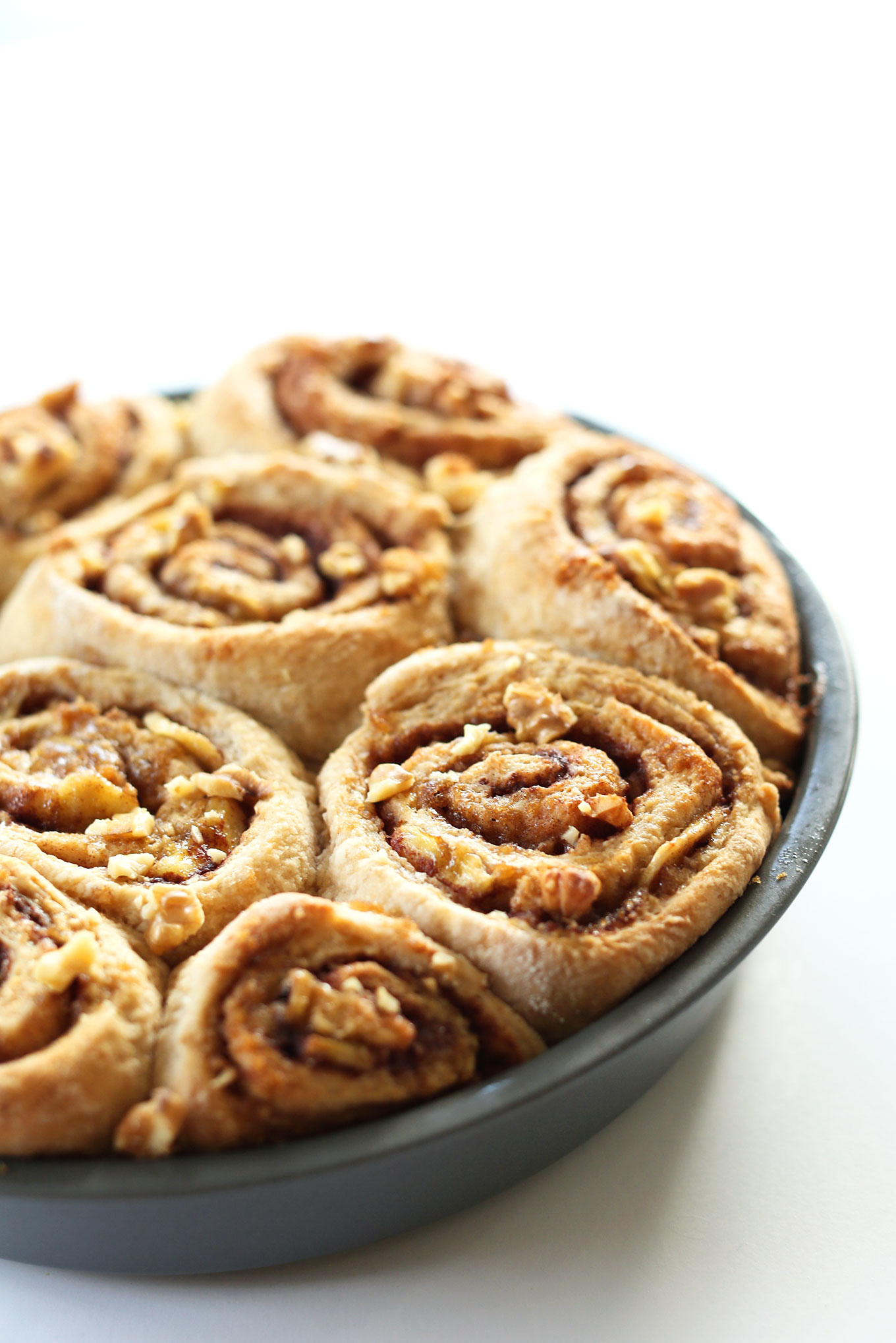 Pan of our amazing 1-Bowl Vegan Banana Bread Cinnamon Rolls recipe