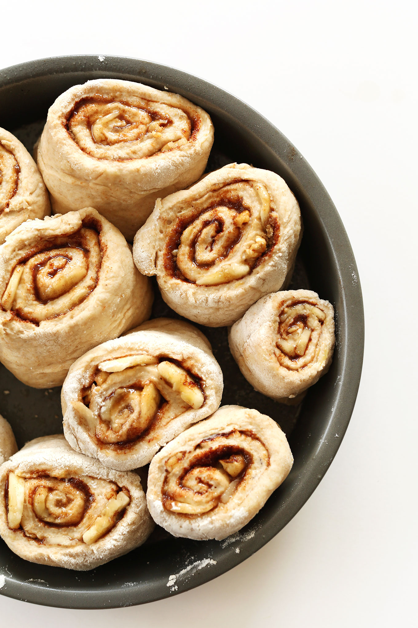 Pan of Vegan Banana Bread Cinnamon Rolls ready for the oven