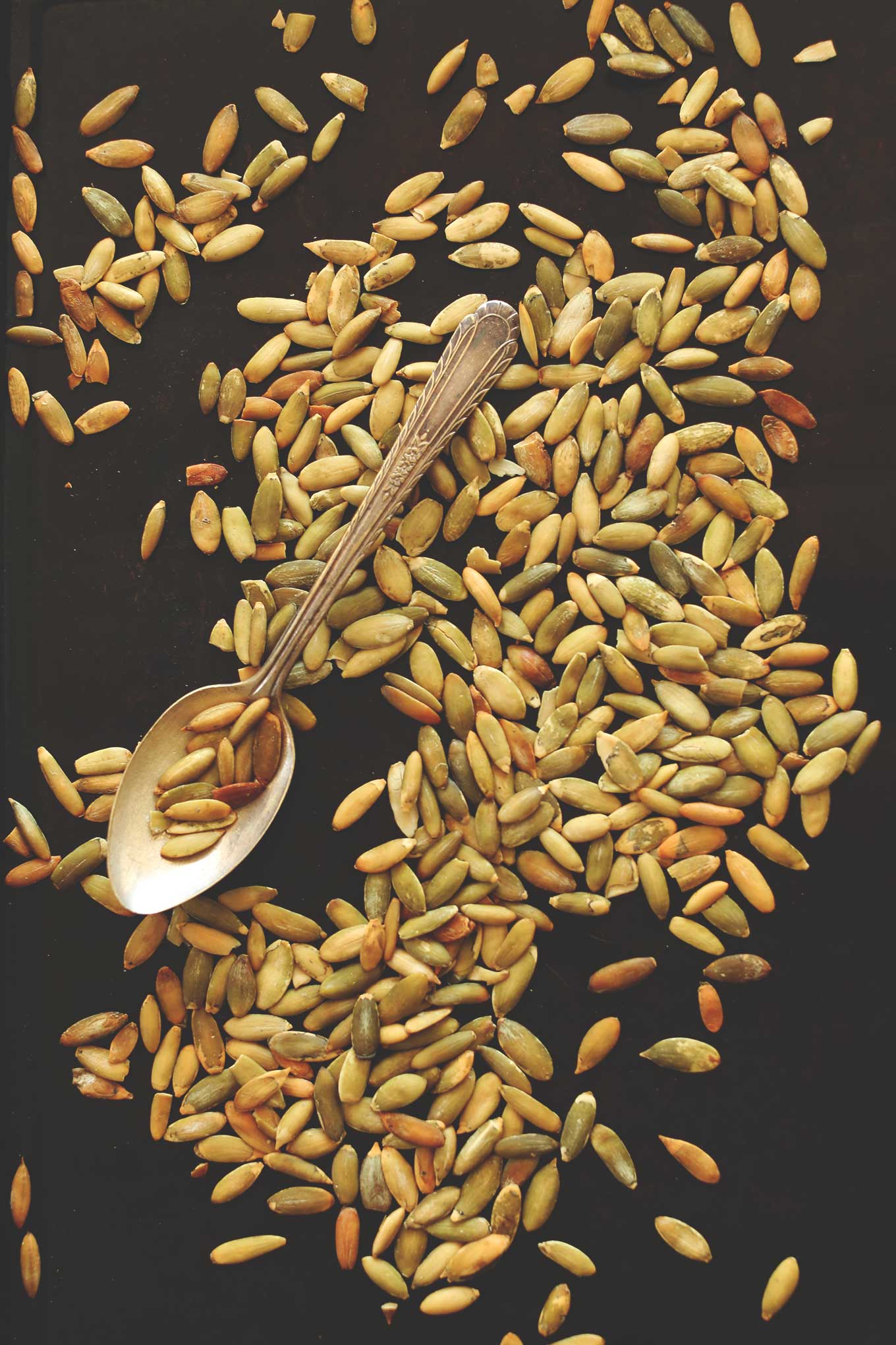 Baking sheet with freshly roasted pumpkin seeds