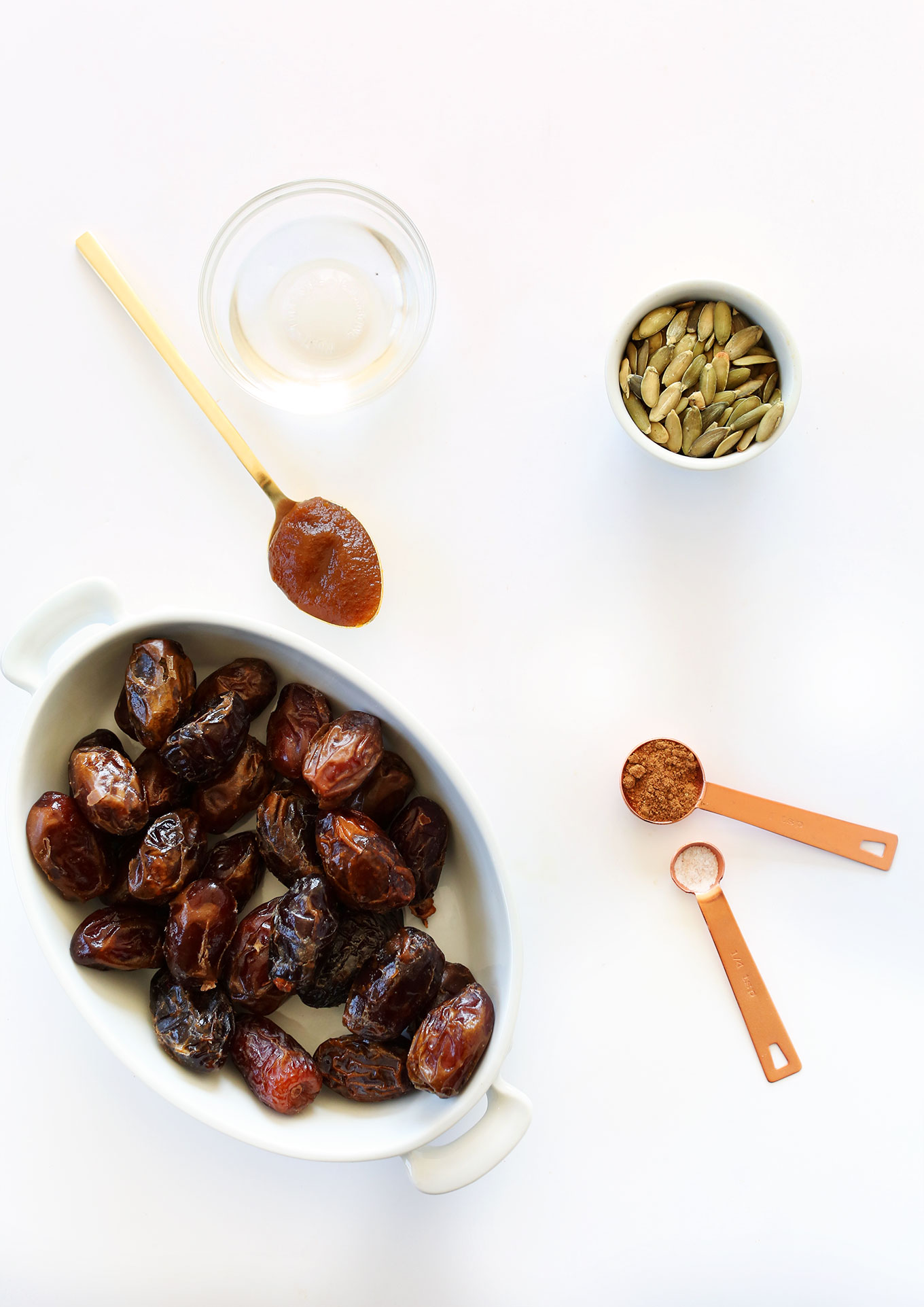 Dates, pumpkin seeds, and other ingredients for making Vegan Pumpkin Caramels