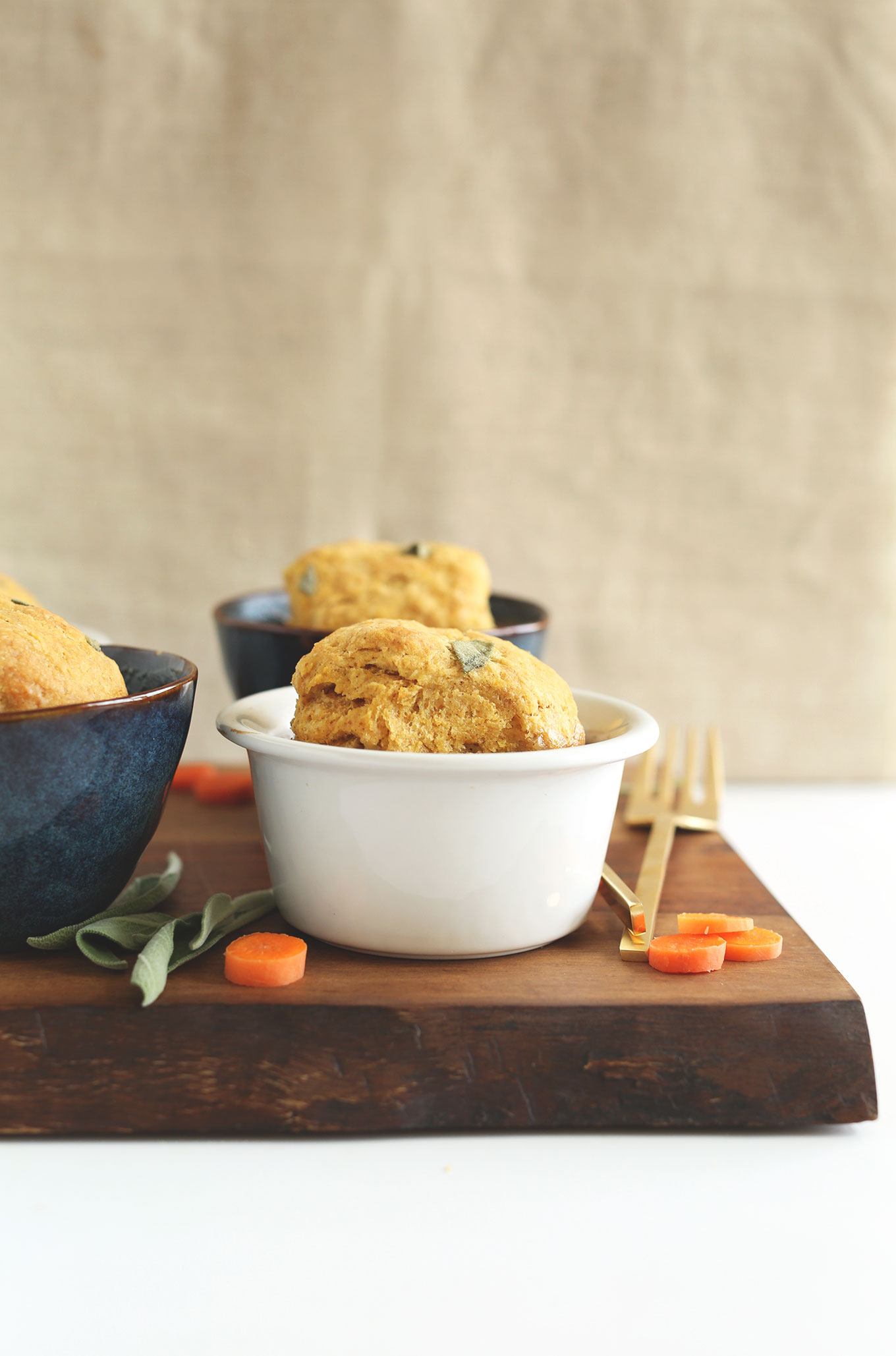 Side view of bowls of our vegan 1-Hour Fall Pot Pies recipe