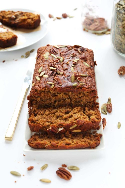 Partially sliced loaf of 1 Bowl Pumpkin Bread