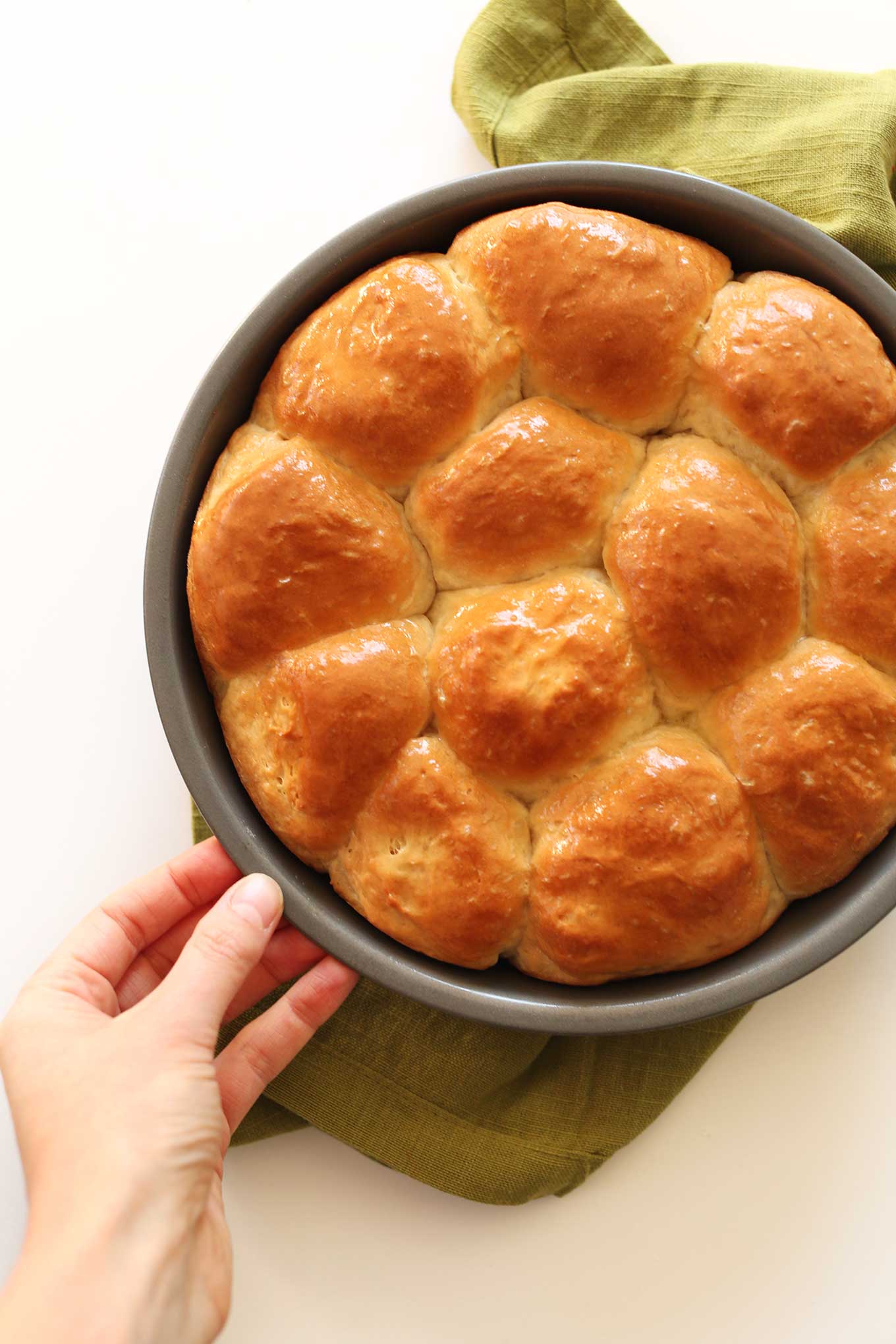 Pan of fluffy and buttery Vegan Dinner Rolls