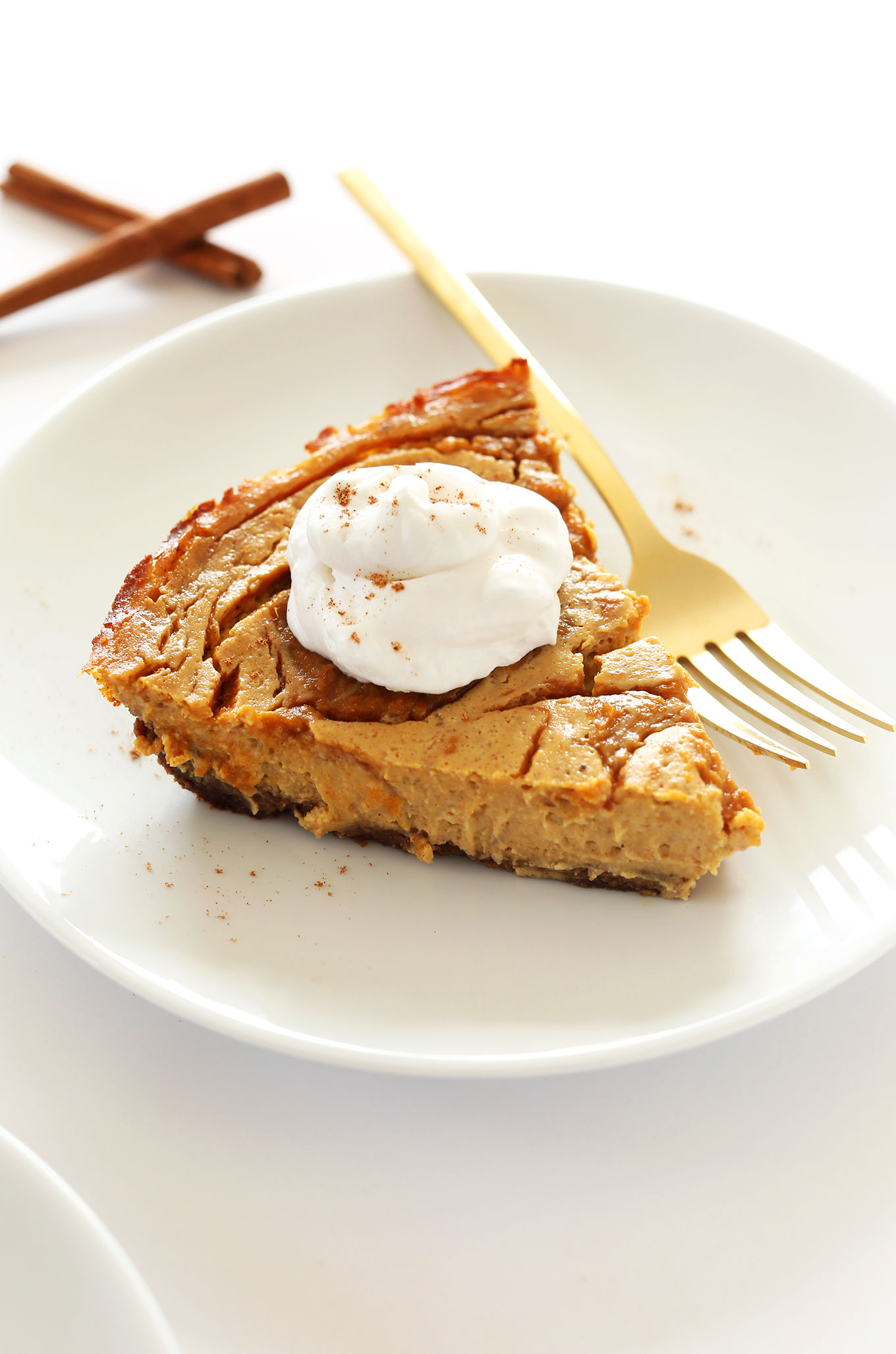 Close up shot of a slice of pumpkin swirl cheesecake topped with coconut whipped cream