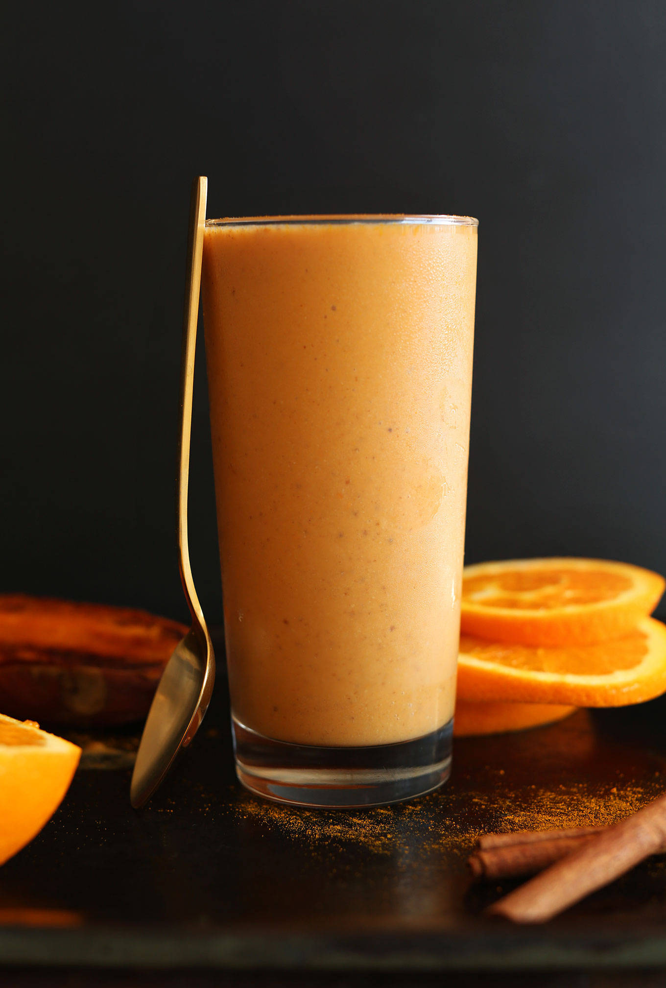 Tall glass of our creamy delicious Sweet Potato Spice Smoothie