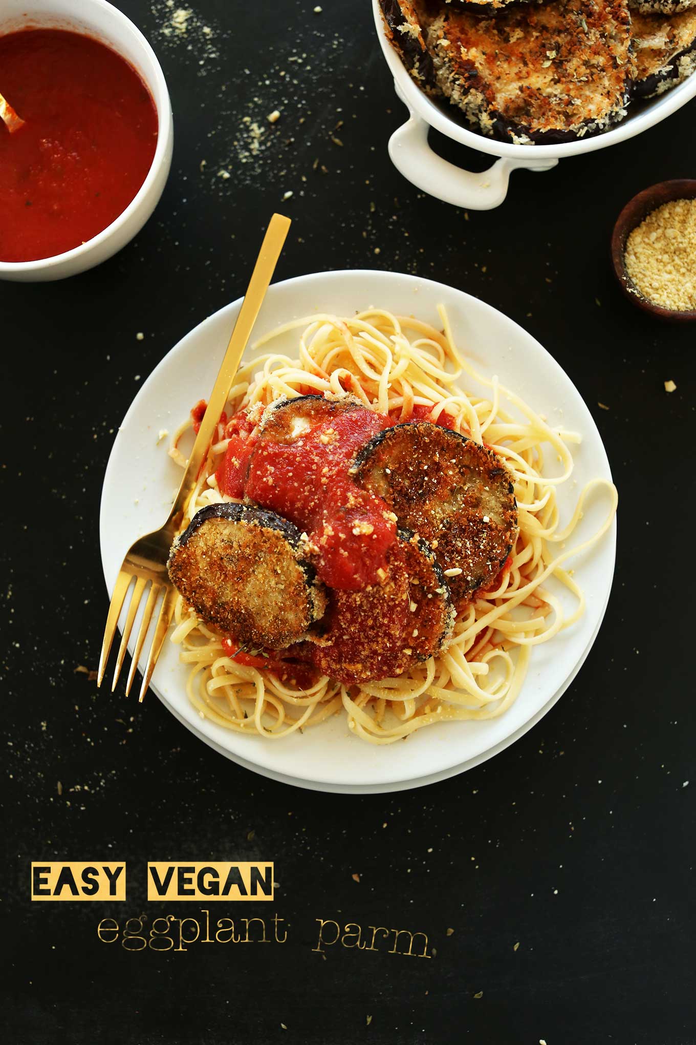 Plate of Vegan Eggplant Parmesan Pasta for a delicious vegan dinner