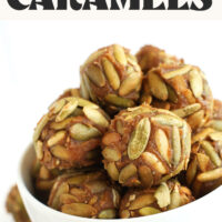 Bowl piled high with vegan pumpkin caramels with text above that says date sweetened