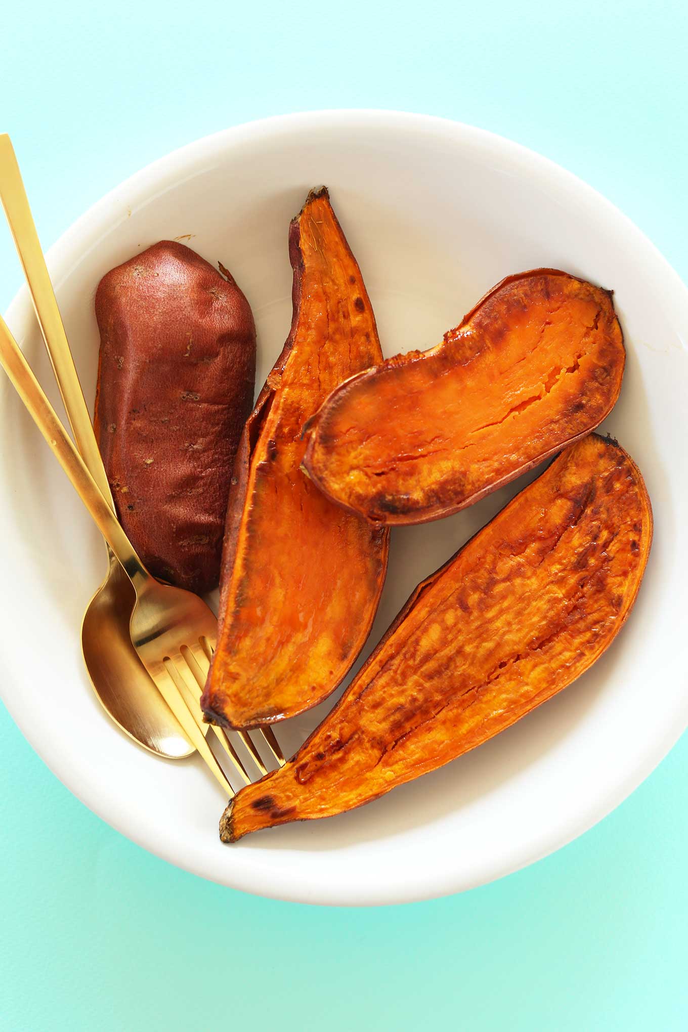 Bowl of roasted sweet potatoes for a delicious gluten-free vegan Sweet Potato Smoothie