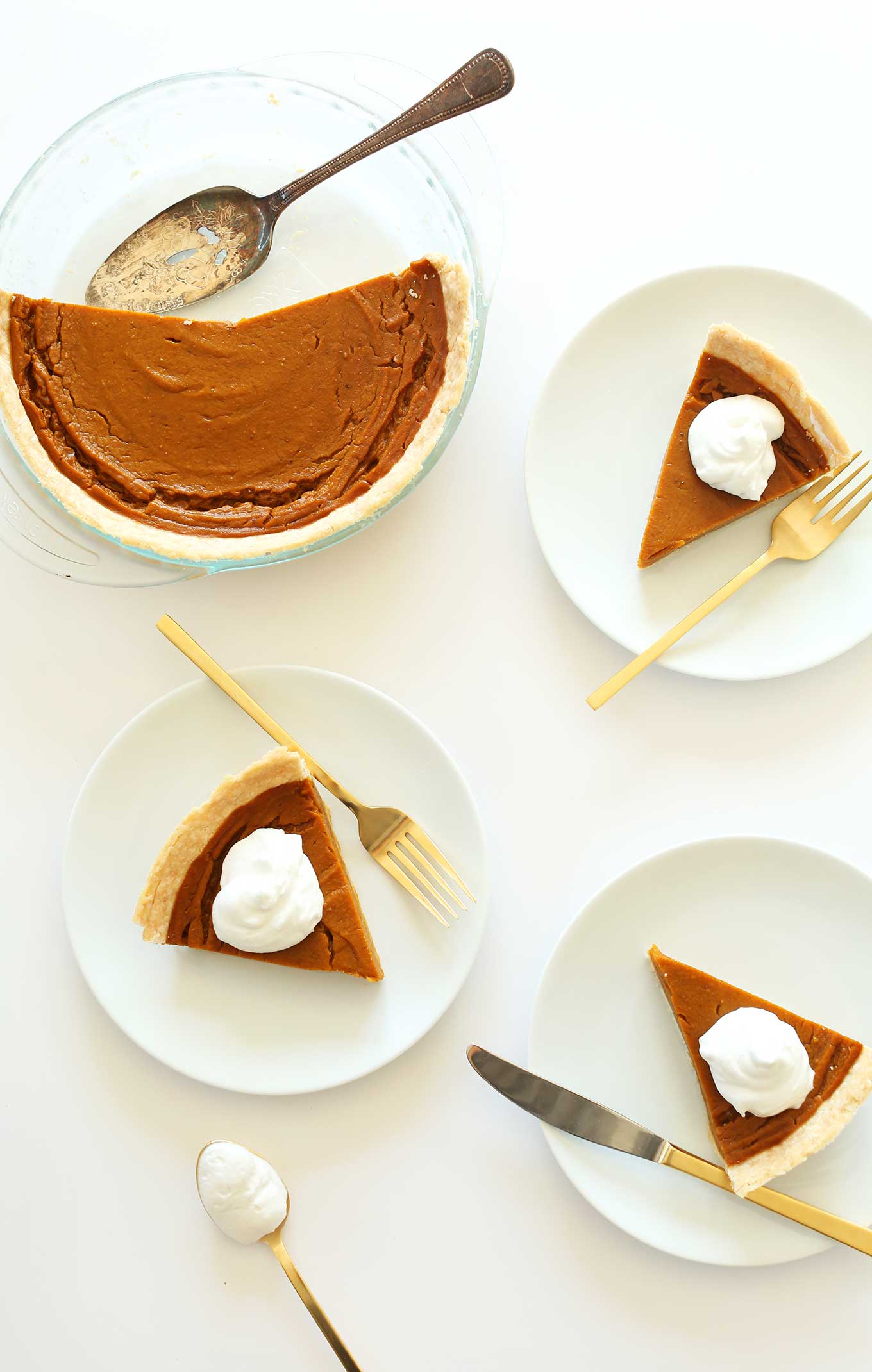 Pie pan and plates with slices of pie