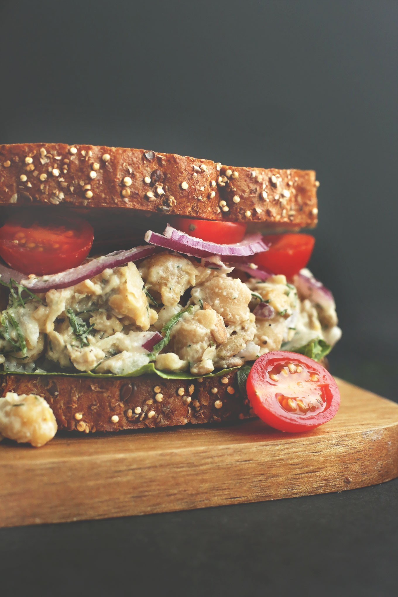 Close up shot of a vegan Chickpea Sunflower Salad Sandwich