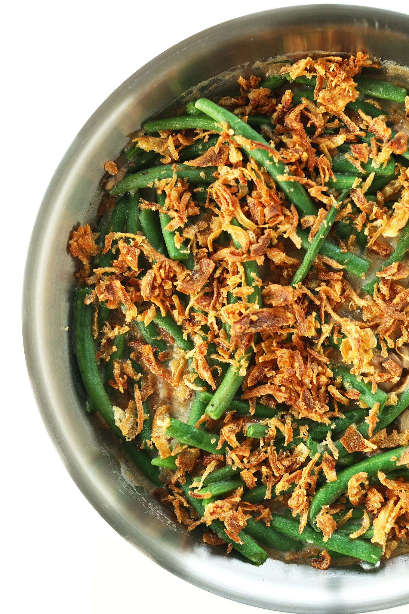 Delicious Vegan Green Bean Casserole in a skillet