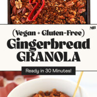 Bowl and baking sheet of vegan gluten-free gingerbread granola with text that says ready in 30 minutes