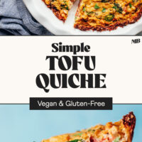 Photos of a slice of quiche on a pie server and the rest of the quiche in a pie pan with text that says simple, vegan, and gluten-free