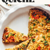 Slices of our Simple Tofu Quiche recipe in a pie pan with text above it that says vegan and gluten-free