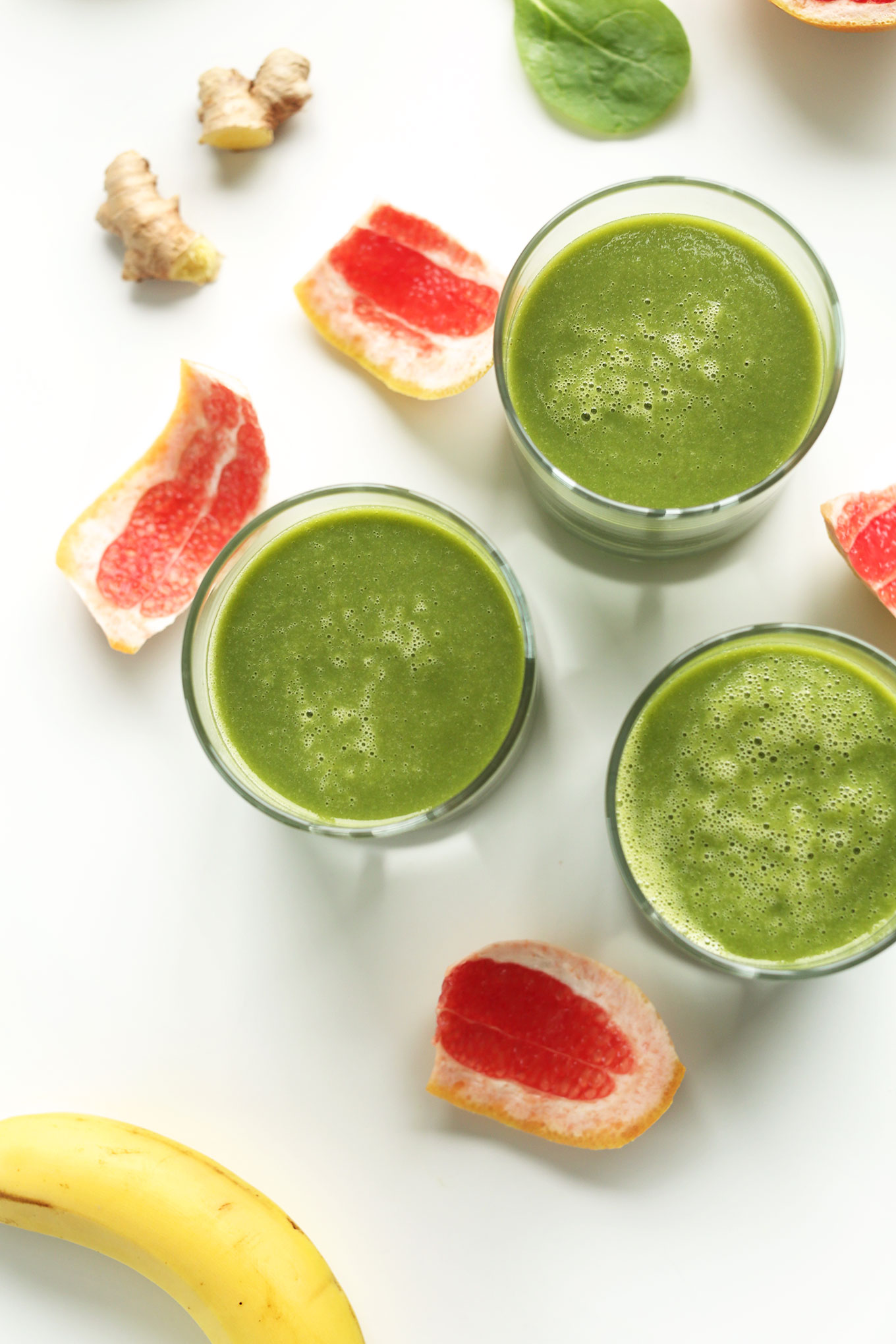 Glasses of our vegan gluten-free Grapefruit Green Smoothie