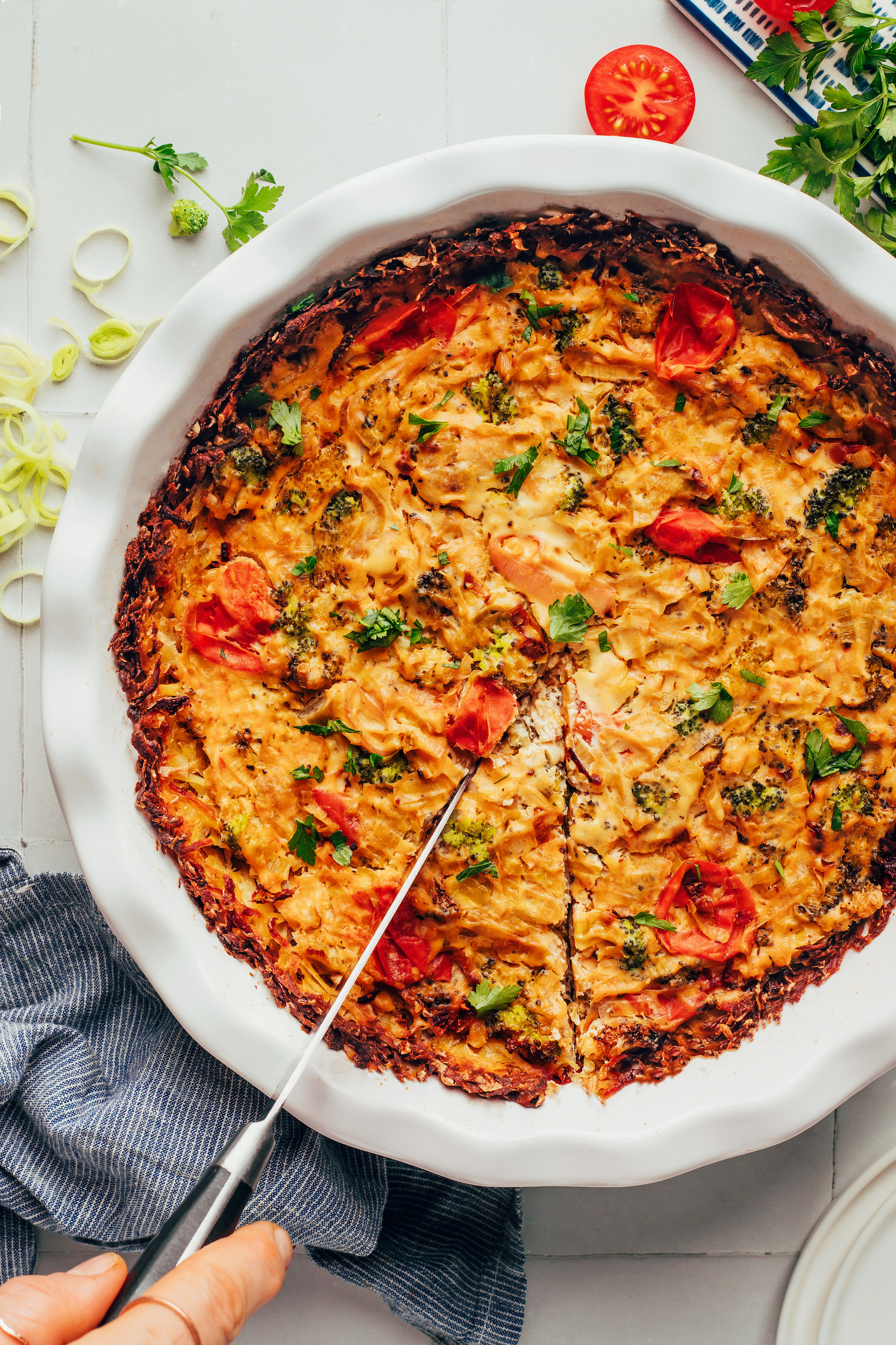Slicing into our simple tofu quiche