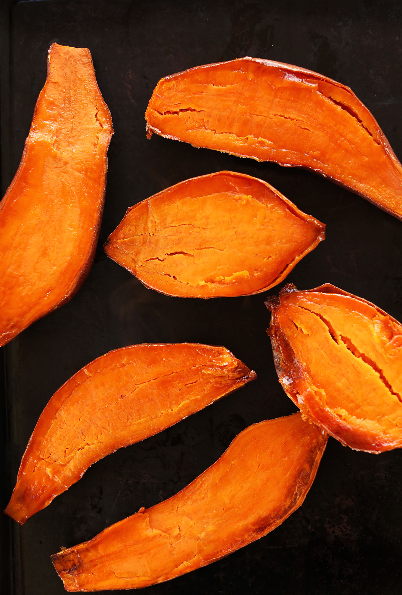 Roasted sweet potatoes for making our Sweet Potato Black Bean Burgers recipe