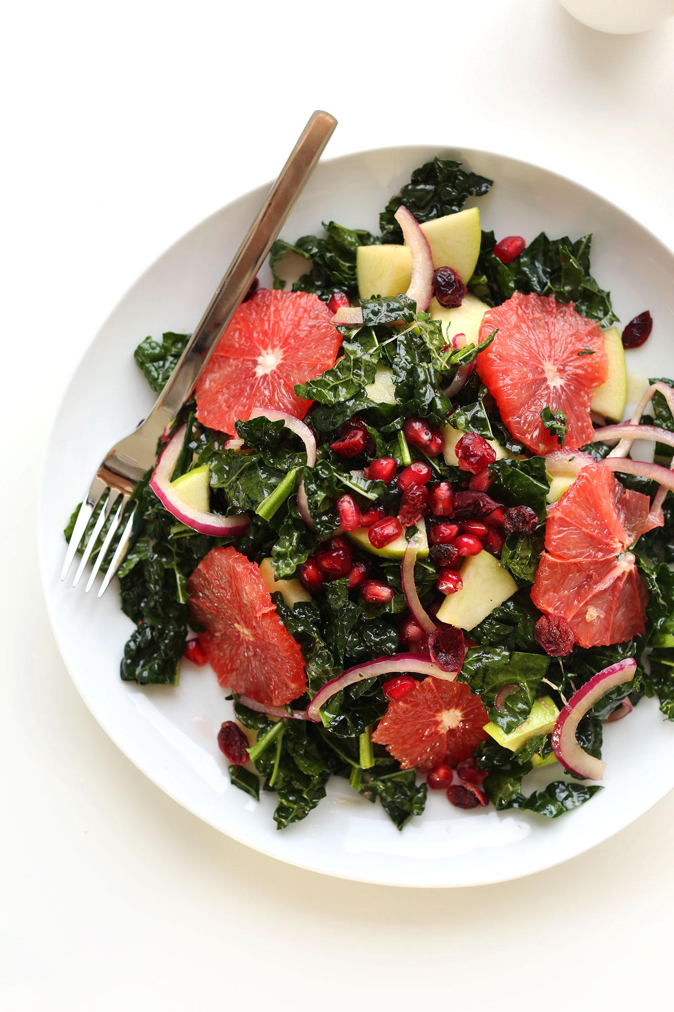 Big plate of our gluten-free vegan Citrus Kale Salad recipe