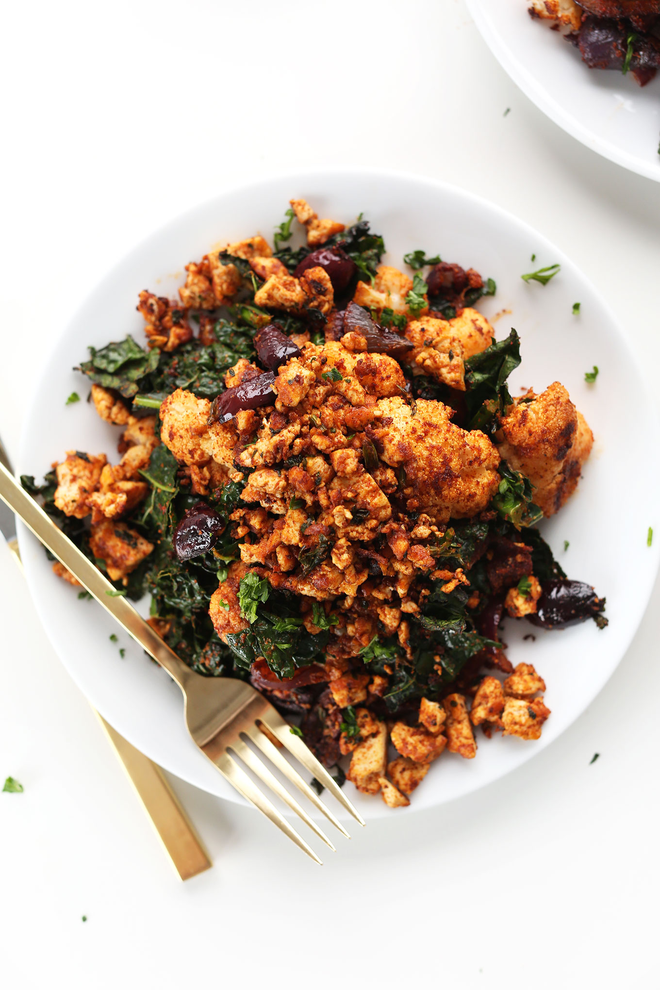 Big plate of our vegan Masala-spiced Tofu Scramble for breakfast