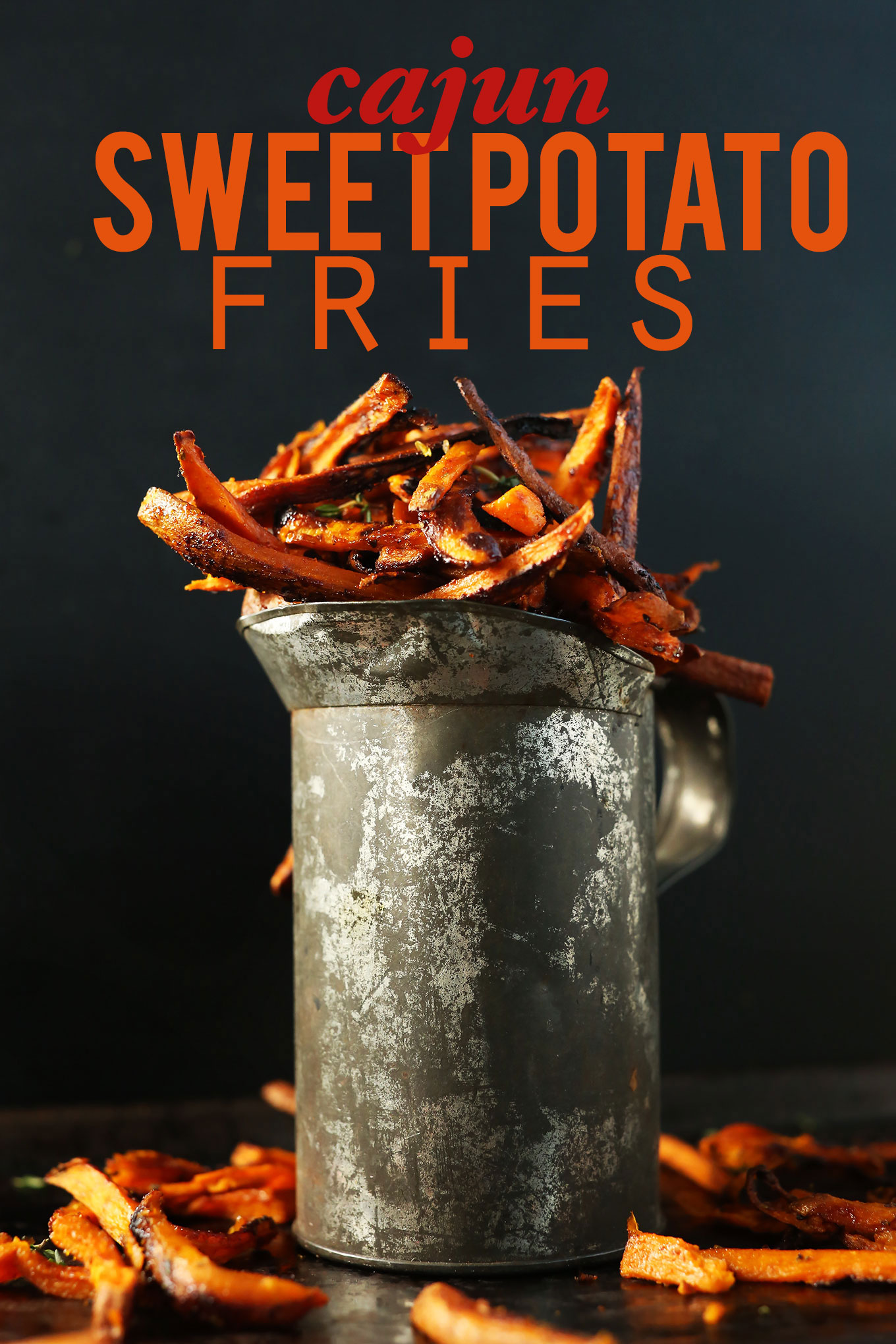 Metal jug filled with our Cajun Baked Sweet Potato Fries recipe
