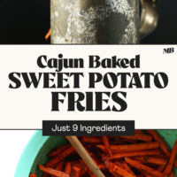 Bowl of spiced seasoned sweet potatoes and a cup of Cajun Baked Sweet Potato Fries with text between the photos that says just 9 ingredients