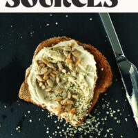 Photos of slices of hummus toast with text that says 15 Vegan Protein Sources + Easy Hummus Toast