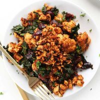 Plate of our vegan Masala-spiced Tofu Scramble for breakfast