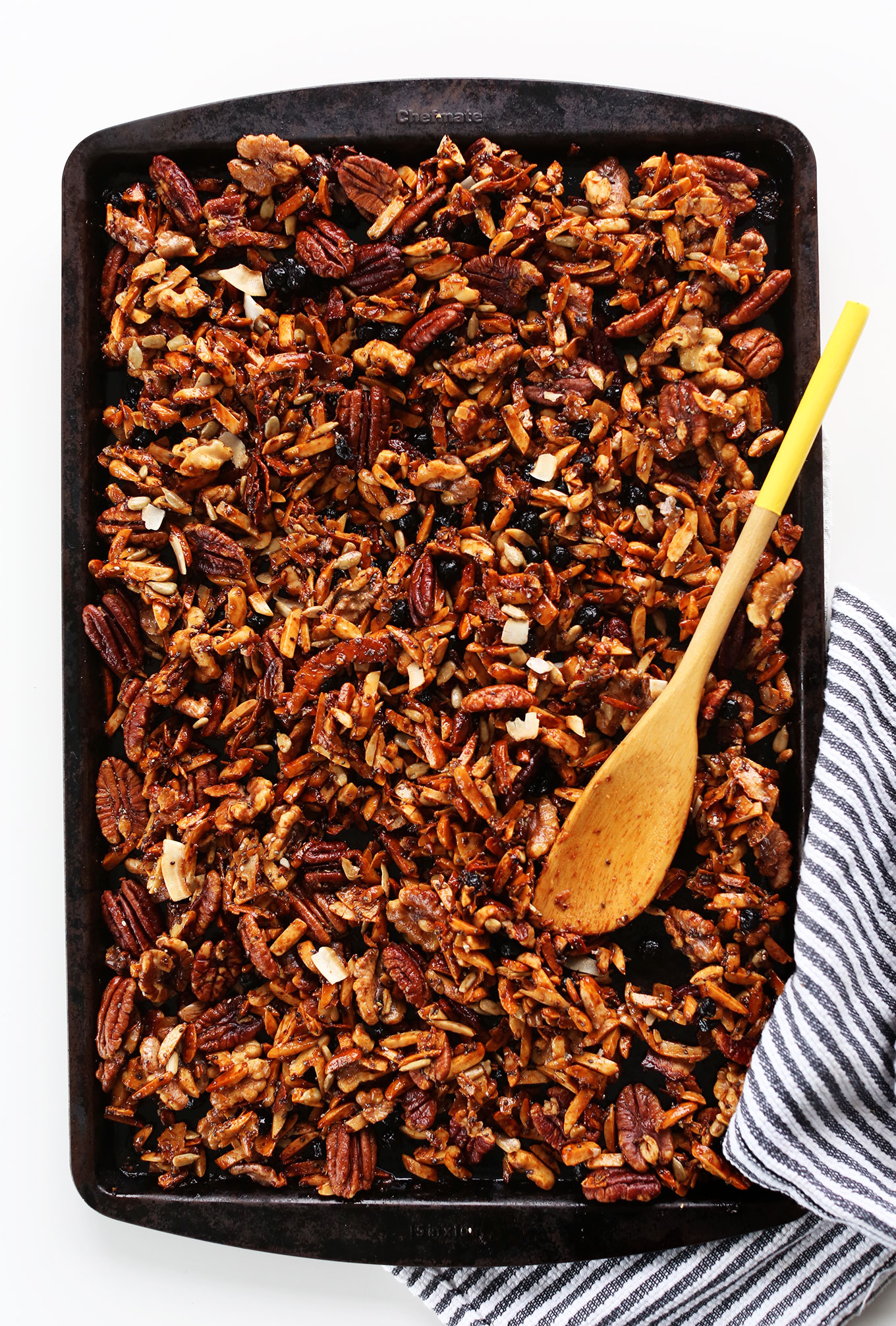 Baking sheet filled with a batch of our simple homemade Grain-Free Granola