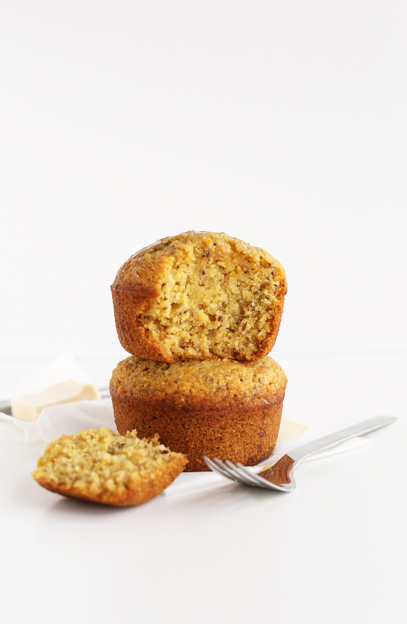 Revealing the fluffy texture of our Vegan Cornbread muffins for two