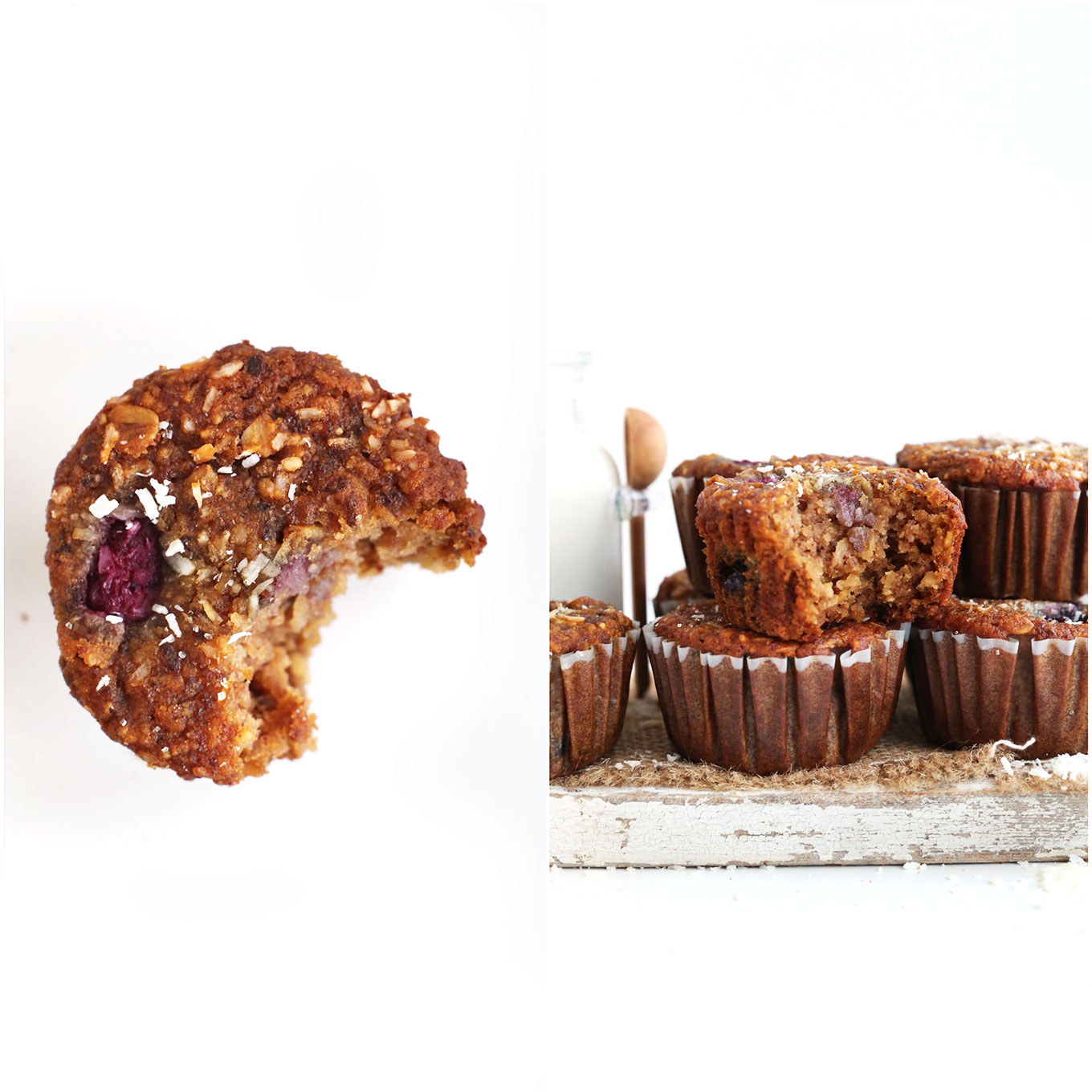 Delicious partially eaten gluten-free vegan Berry Coconut Muffins
