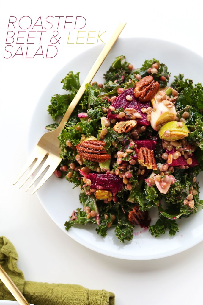 HEALTHY, satifying winter salad with kale, lentils, roasted beets and leek and roasted pecans! #vegan #glutenfree #SALAD