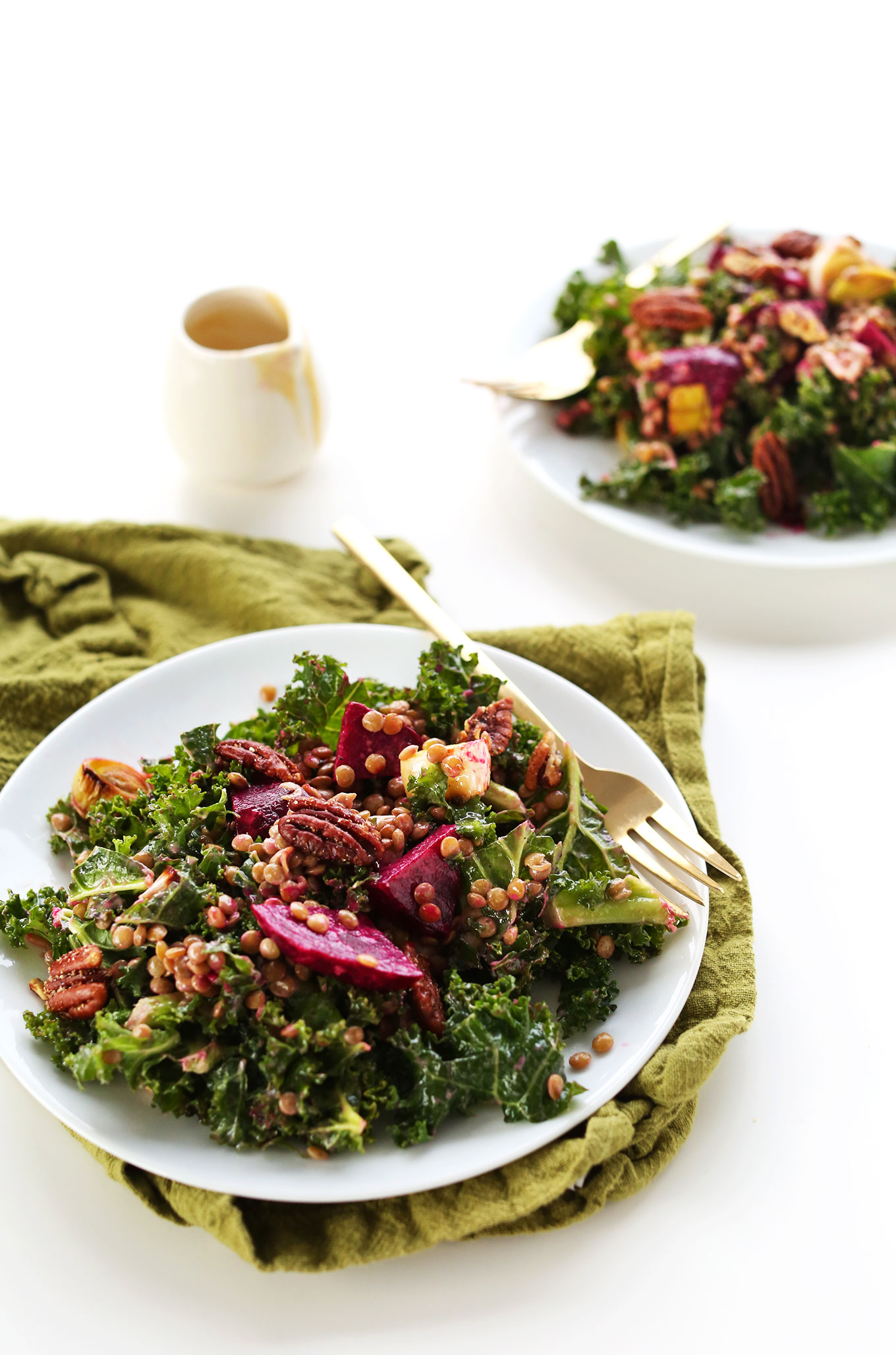 Dinner plate filled with our winter salad recipe of Kale, Lentils, Roasted Beets, and Leek