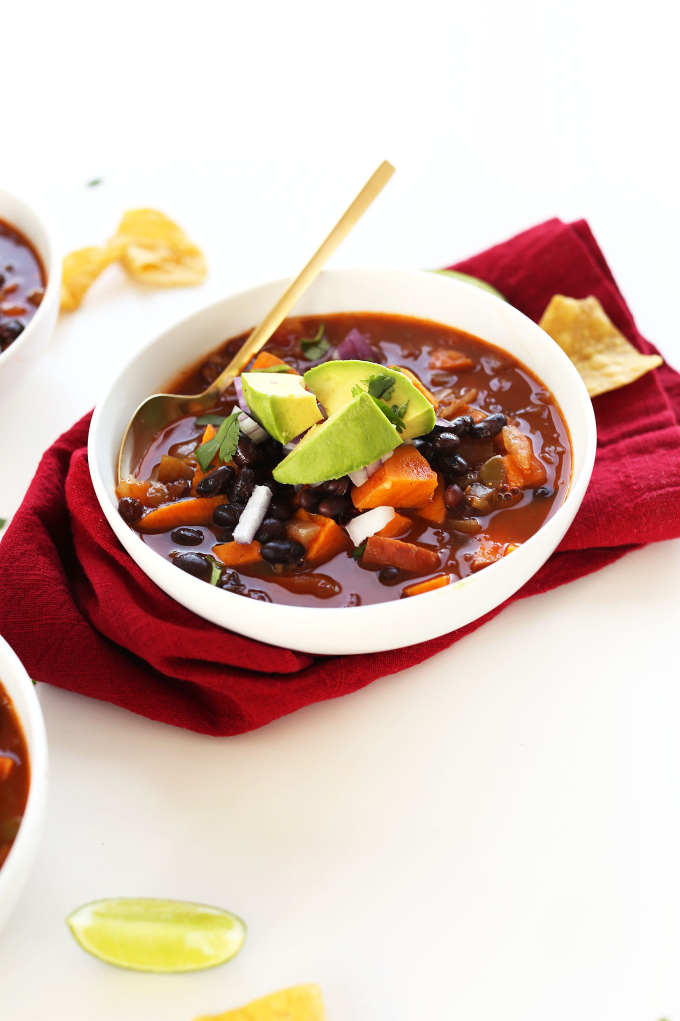 Dinner bowl filled with 5-Ingredient Vegan Black Bean Sweet Potato Chili