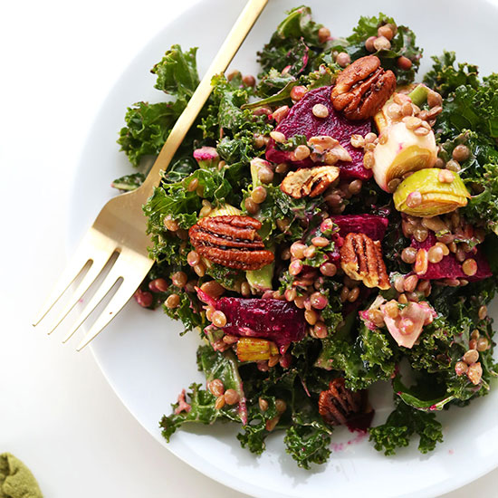 Big plate of our Kale, Lentil, & Roasted Beet Salad made with pecans and apple