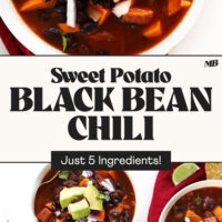 Photos of bowls of our Sweet Potato Black Bean Chili with text between the photos that says just 5 ingredients