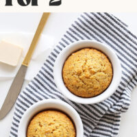 Overhead photo of two ramekins of vegan cornbread with text above it that says just 10 ingredients