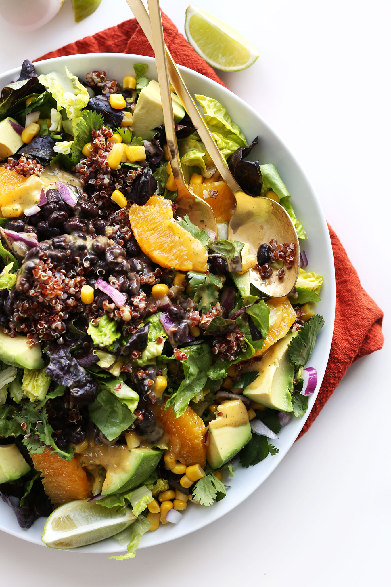 Big serving of our Mexican Vegan Salad recipe with Cilantro Orange Chili Dressing