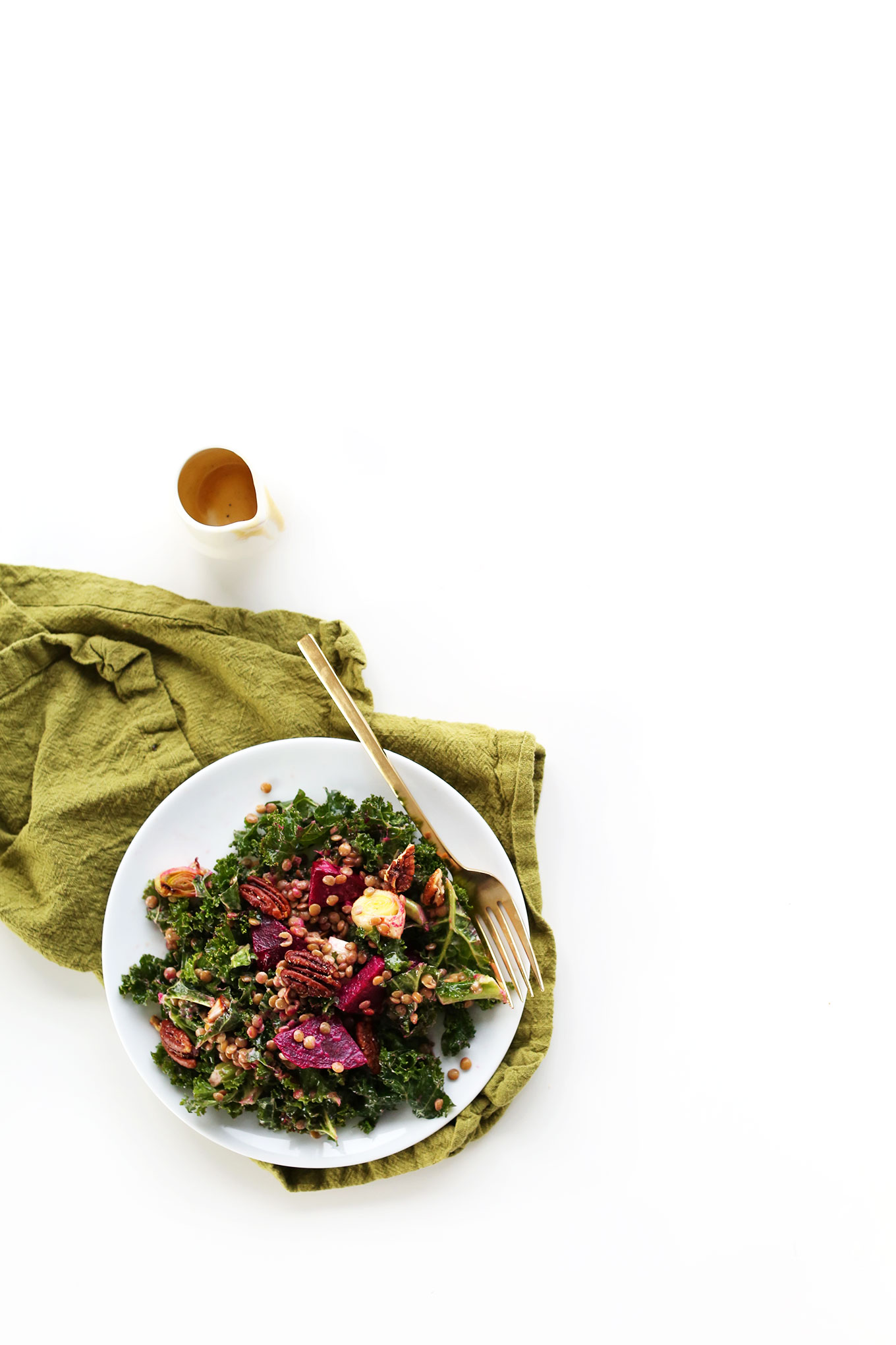 Healthy light meal of our refreshing Abundance Salad with Kale, Lentils, Leeks, and Beets