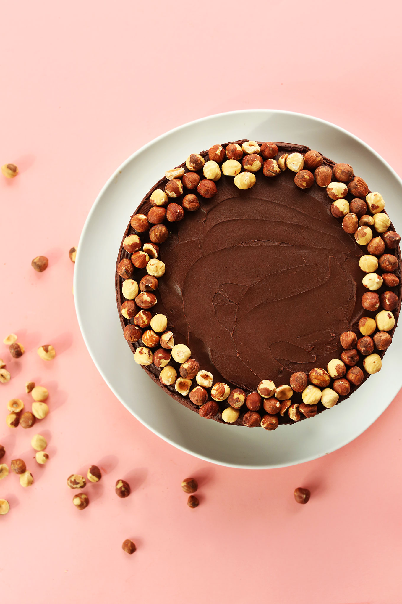Our Vegan GF Chocolate Hazelnut Cake decorated with a rim of fresh roasted hazelnuts