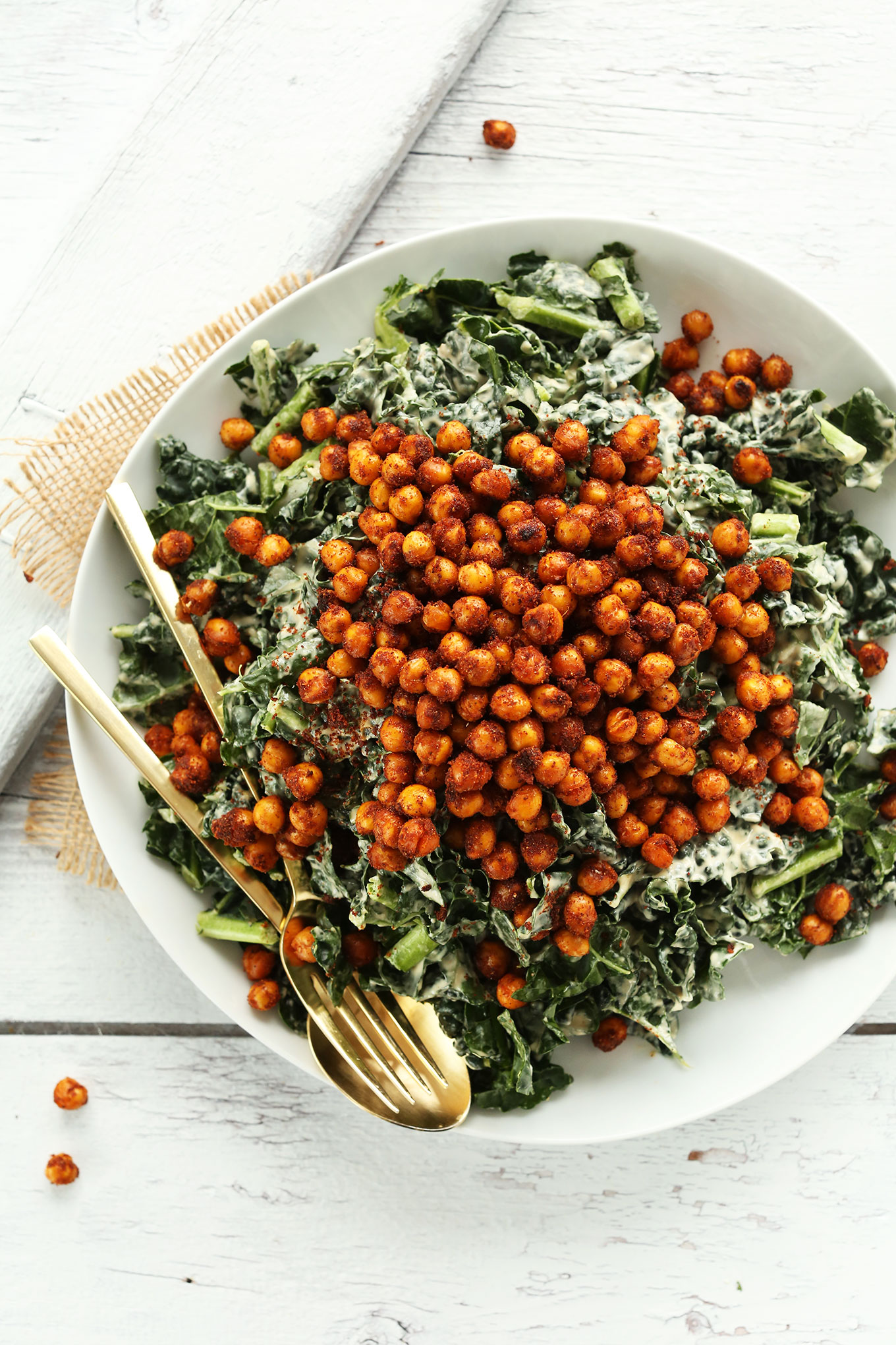 Big plate of our 30-minute Garlicky Kale Salad with Crispy Tandoori Roasted Chickpeas