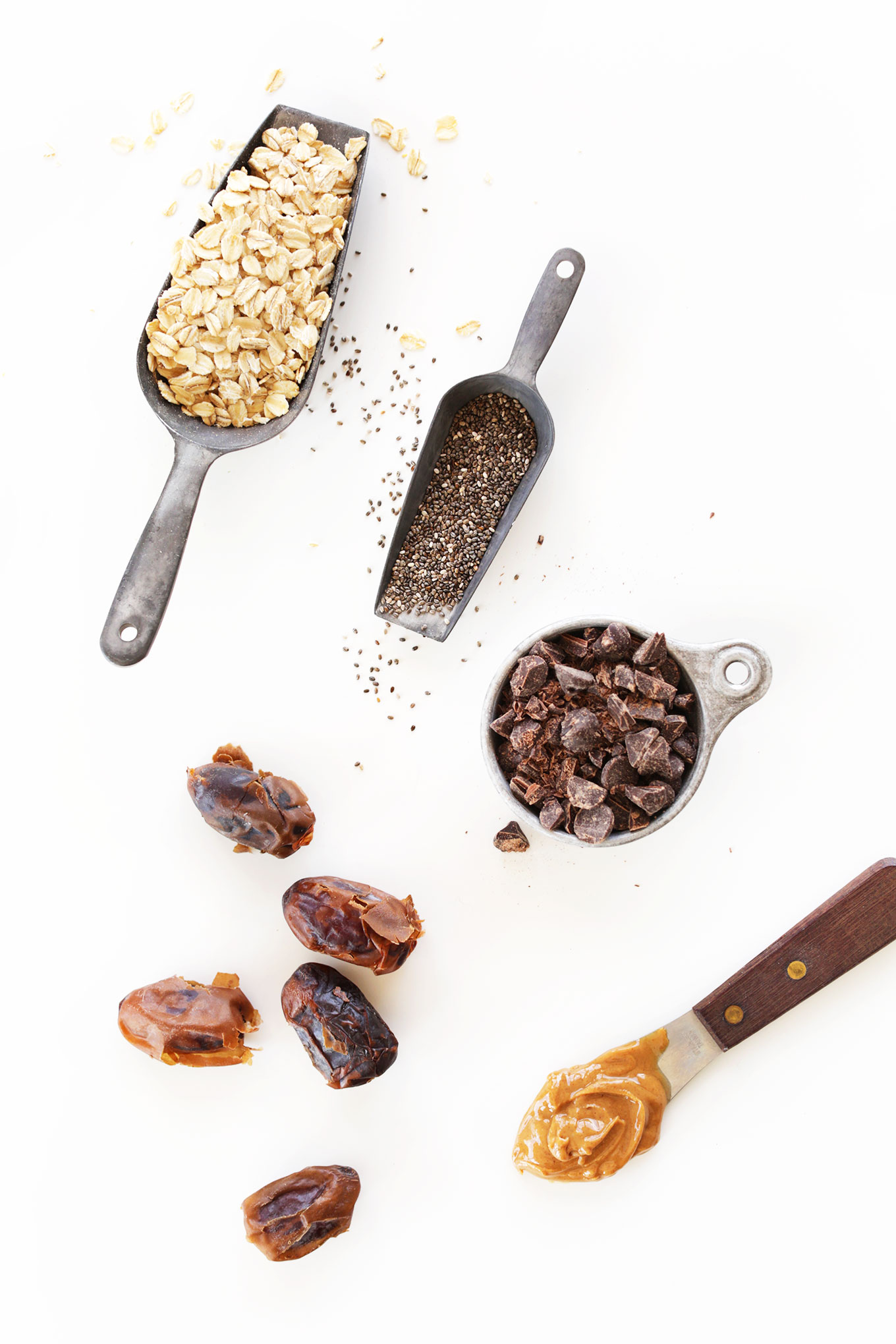 Oats, chia seeds, dark chocolate, peanut butter, and dates