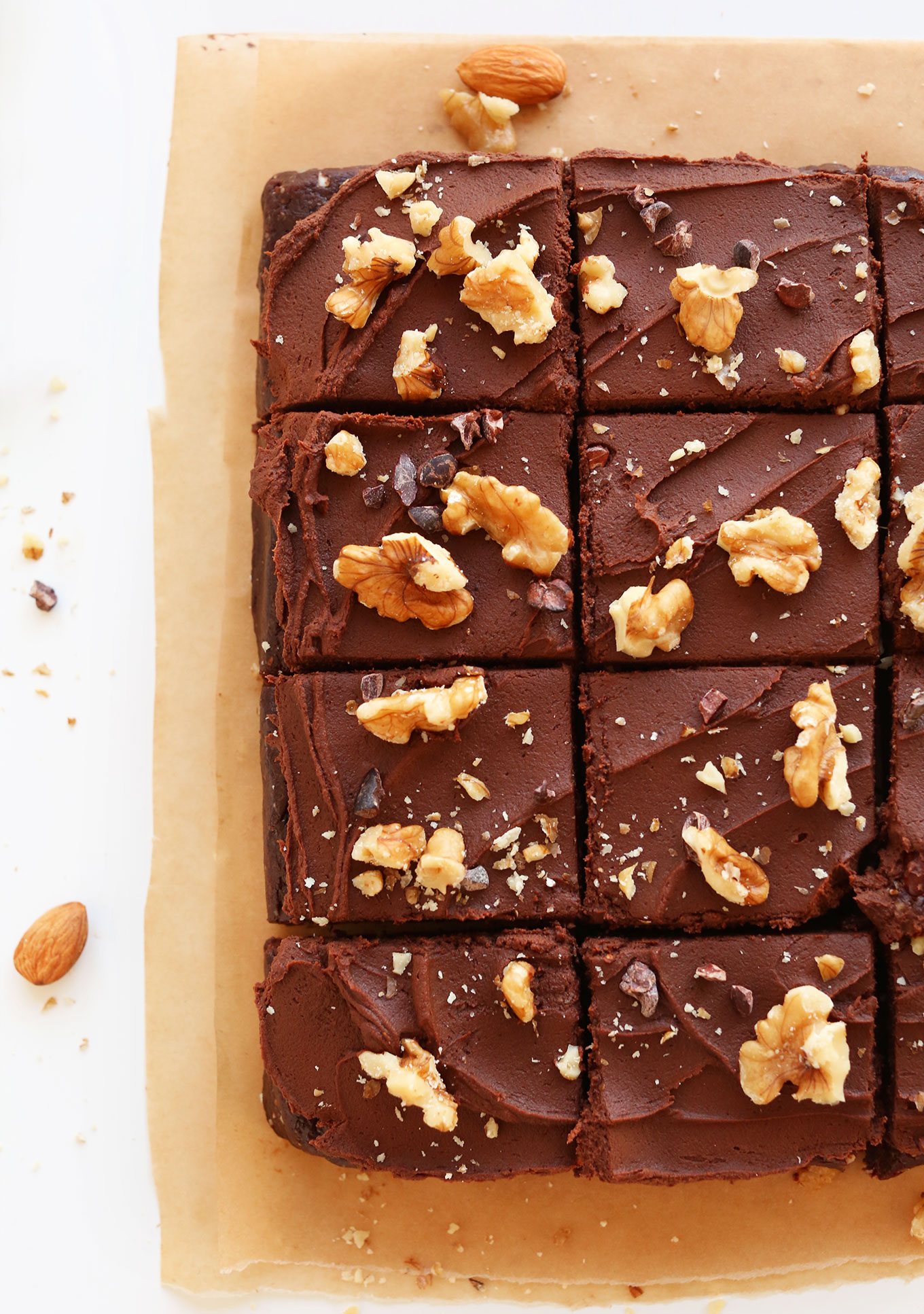 Freshly sliced batch of our No Bake Vegan Brownies with Walnuts and Cacao Nibs