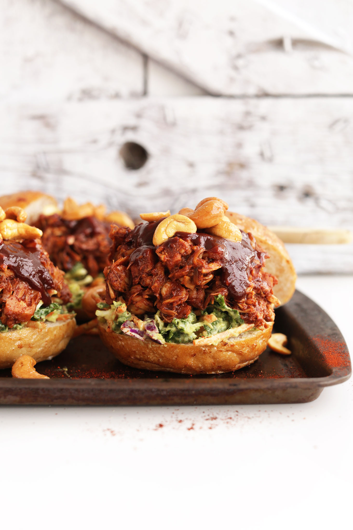 Baking sheet filled jackfruit pulled pork sandwiches