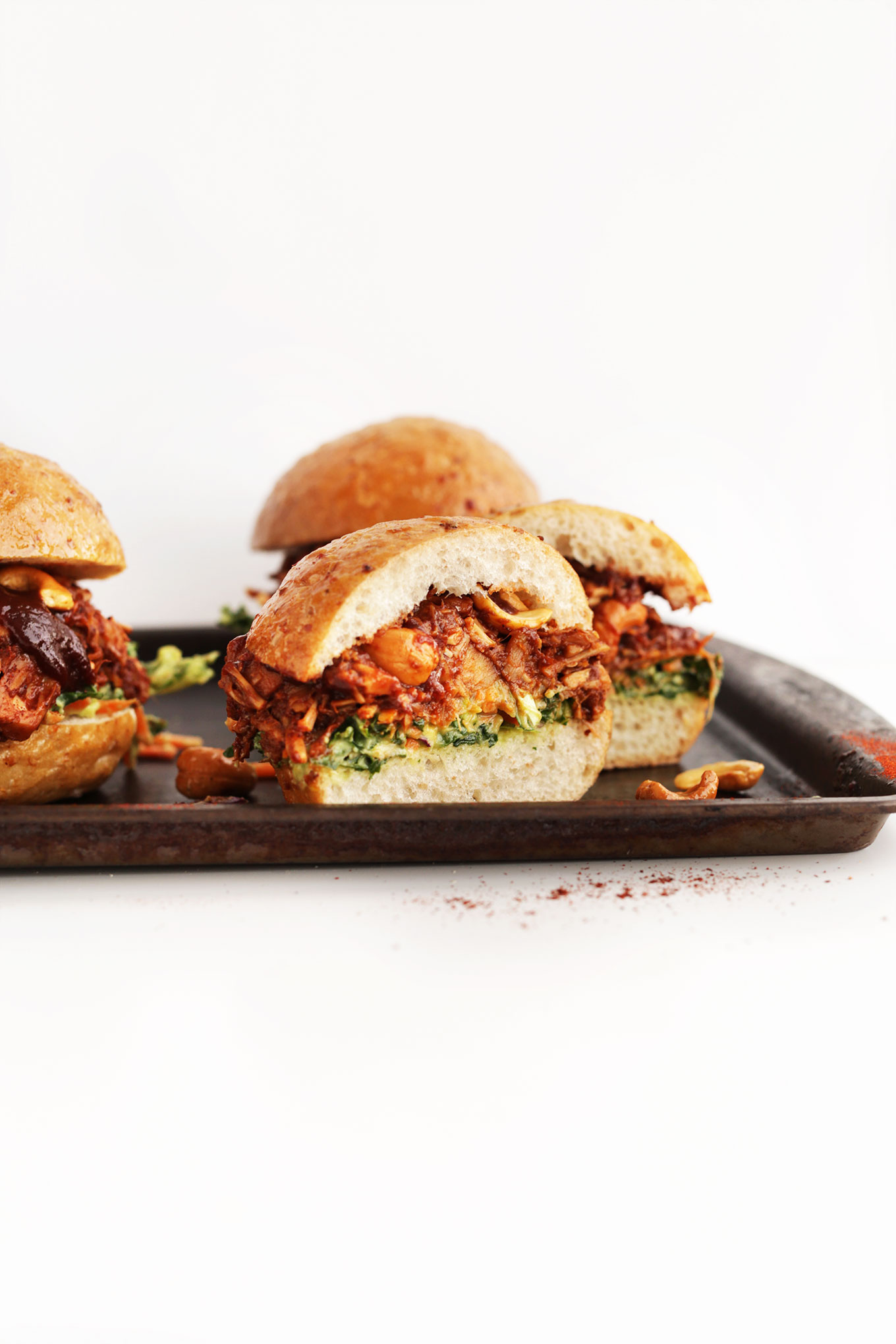 Sliced BBQ Jackfruit Sandwiches on a baking sheet