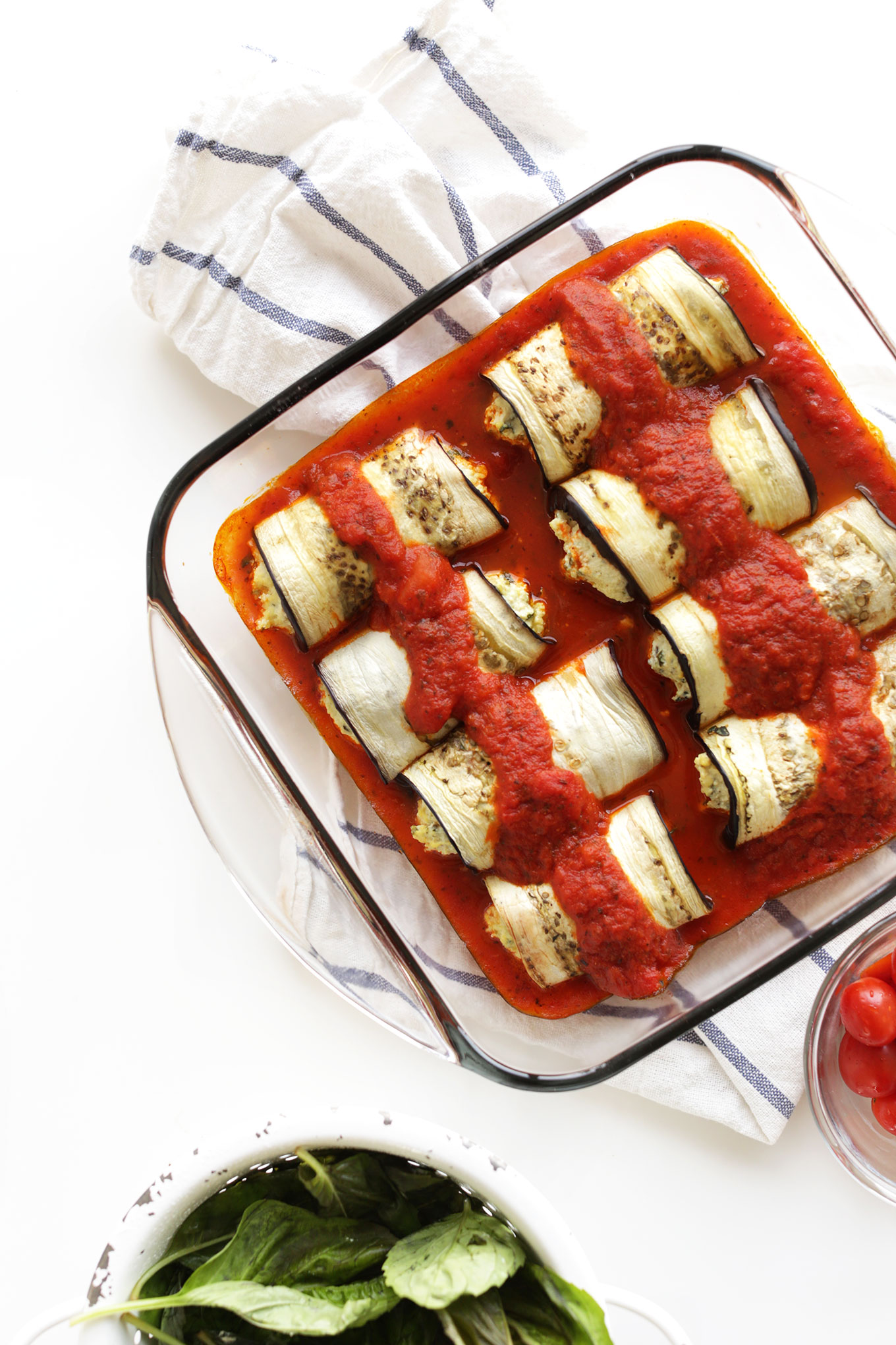 Pan of our healthy gluten-free vegan Eggplant Lasagna Roll-Ups recipe